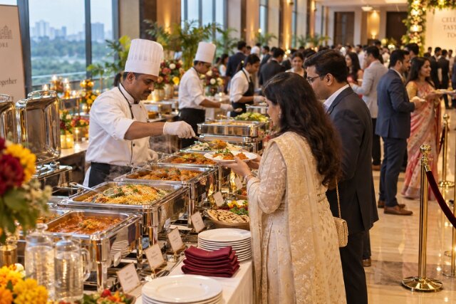 Chefs serving guests at a buffet counter during an elegant event